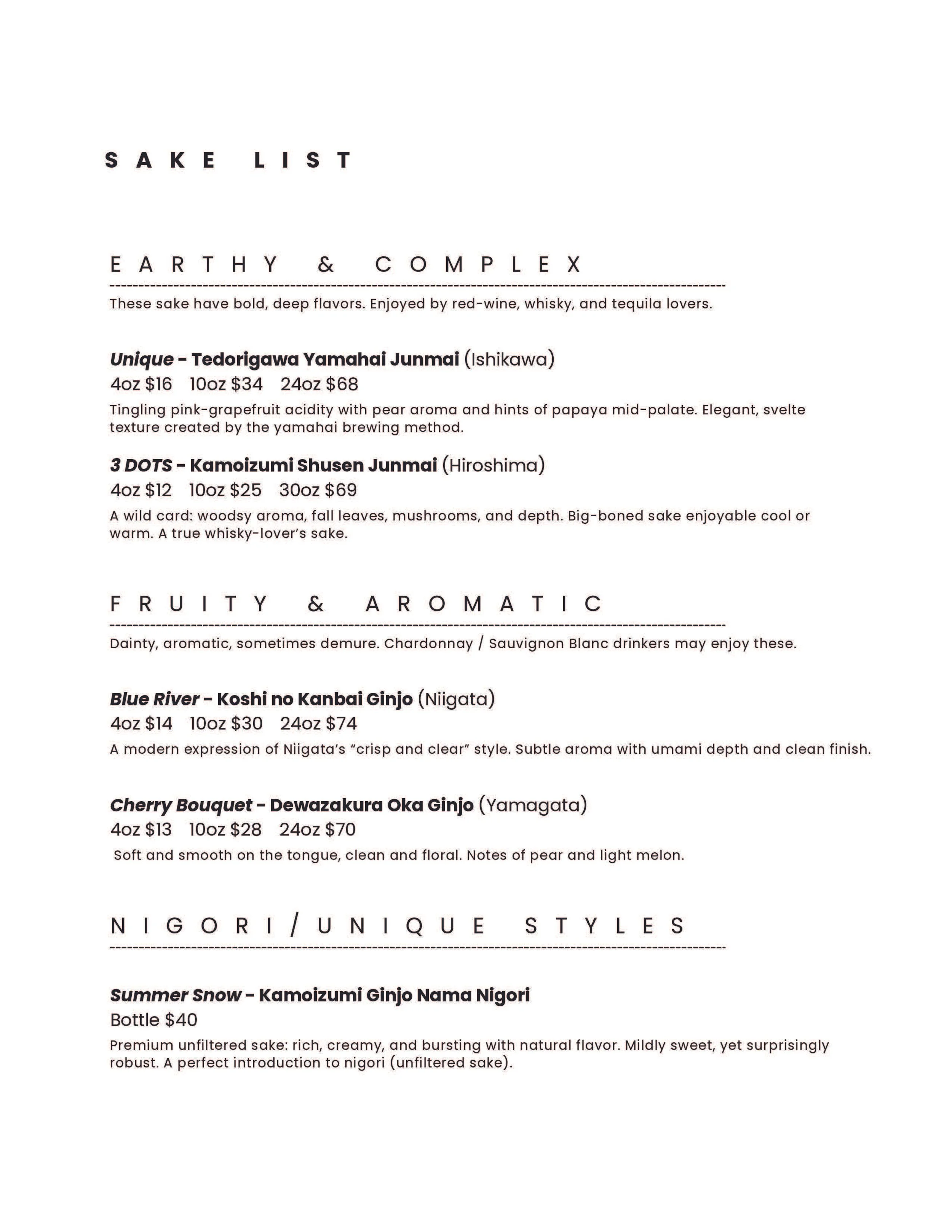 A sake list menu with sections for earthy & complex, fruity & aromatic, and nigori/unique styles. Details include types, prices, and flavor descriptions of different sake options.