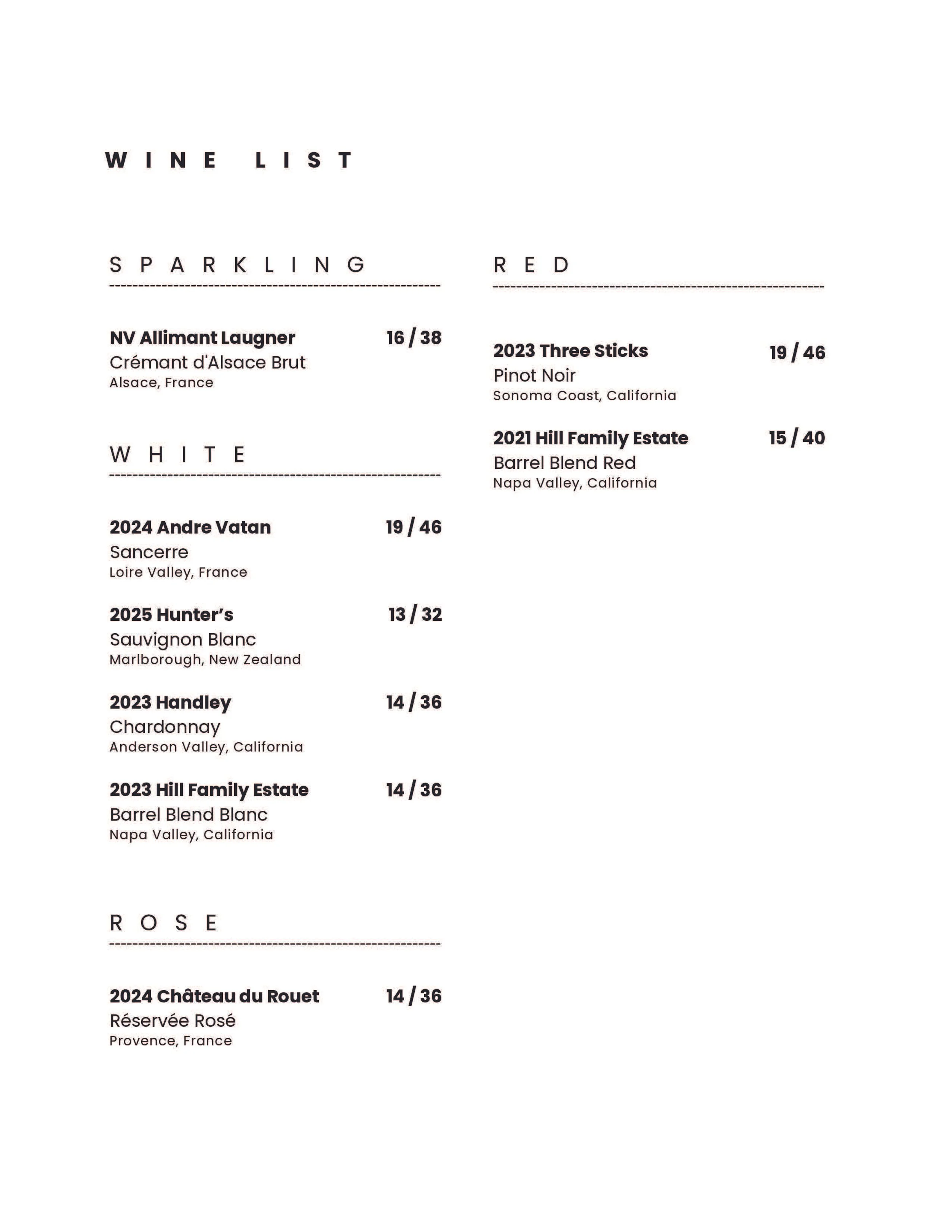 A wine list menu with sections for sparkling, white, red, and rosé wines, including wine names, descriptions, and prices.