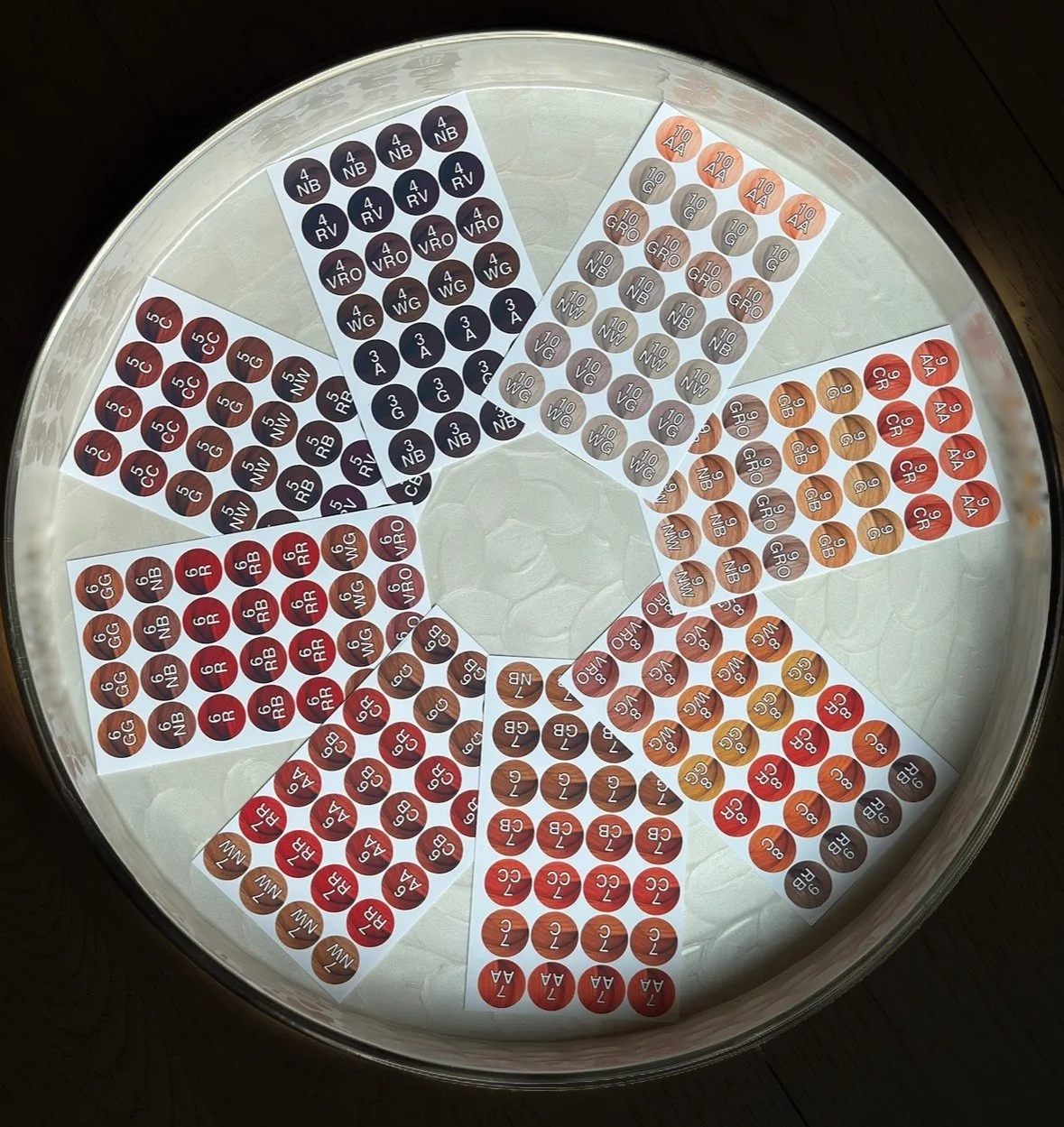 Color-coded circular stickers with alphanumeric labels, arranged in sections on a white surface, possibly for planning or organization.