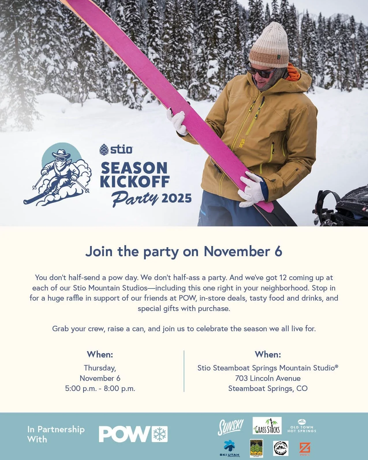 Need something fun to do this mud season? Stop by Stio 11/6 at their downtown Steamboat location for food, drinks, and a raffle!