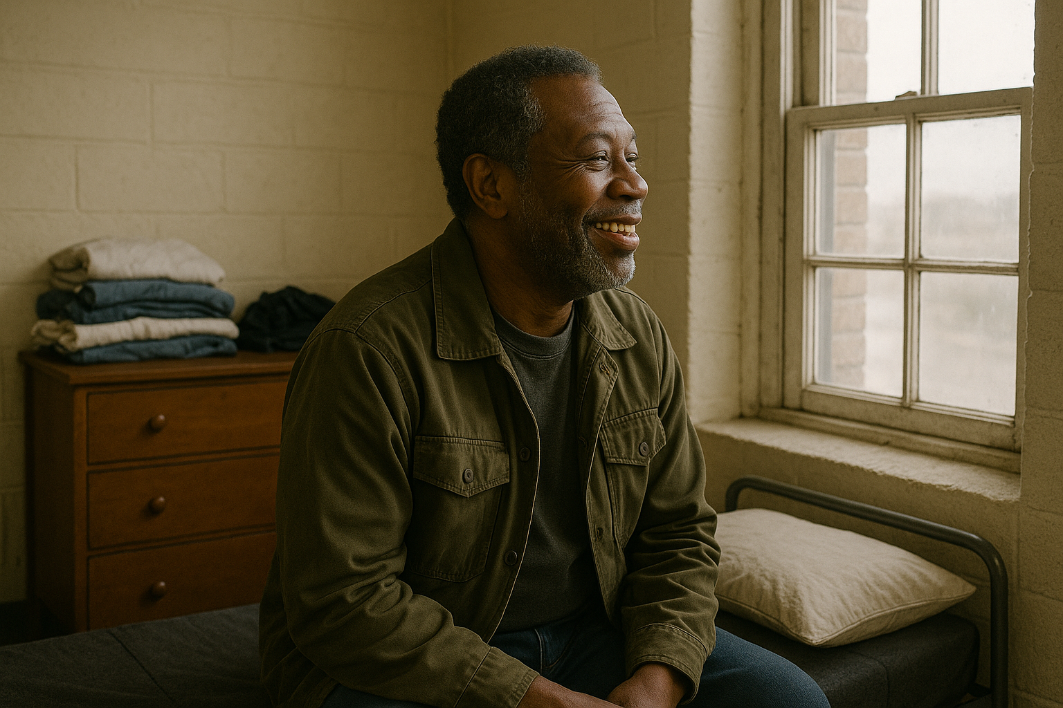 An older man with a beard smiling, sitting on a bed in a room with a window and a stack of folded clothes on a dresser.