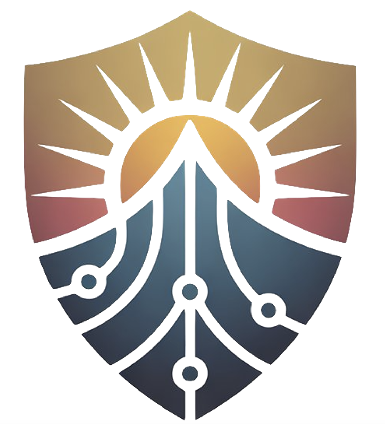 A stylized shield emblem featuring a central peace symbol combined with circuit-like lines and a sunburst pattern in a gradient of gold, pink, and blue colors.