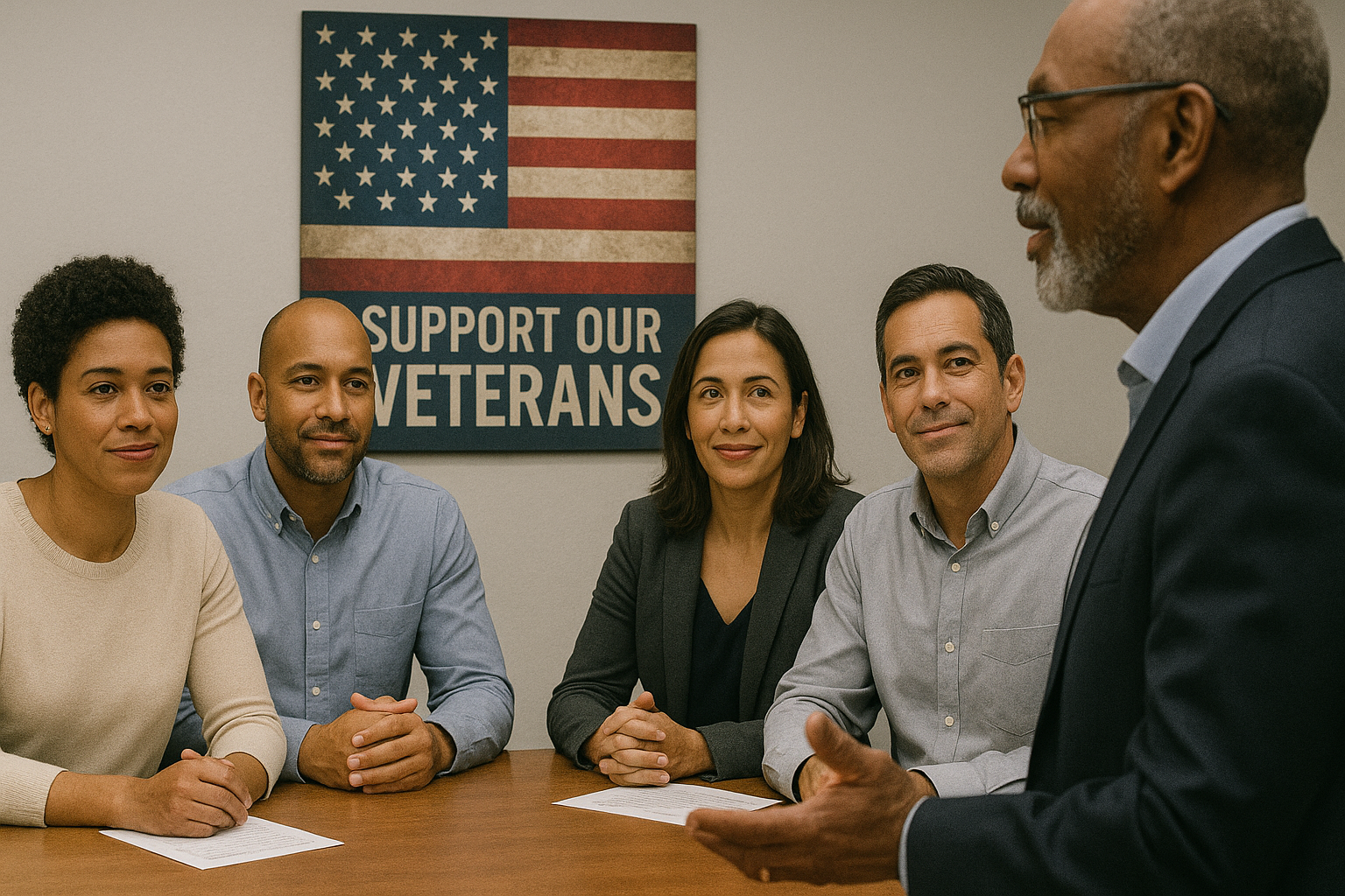 A diverse group of people sitting around a table with a man standing and speaking to them in a room with a "Support Our Veterans" flag on the wall behind them.