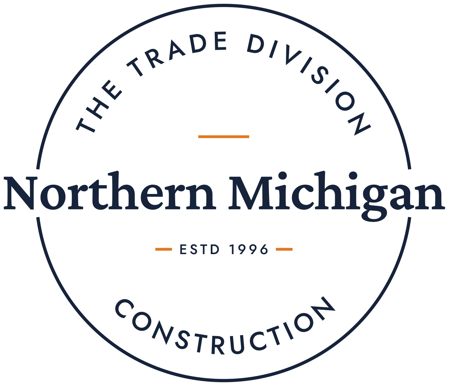 A circular logo for Northern Michigan Construction with the words 'The Trade Division' curved along the top and 'Construction' curved along the bottom. In the center, it says 'Northern Michigan' with 'ESTD 1996' beneath it, connected by two orange lines.