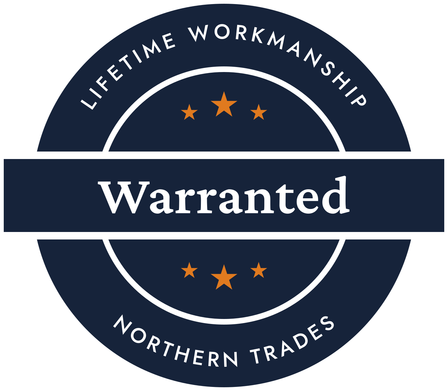 A circular badge with a dark blue background that reads 'Life Time Workman Ship', 'Northern Trades', and 'Warranted' in black text. The badge features orange stars and a black ribbon across the center with the word 'Warranted' in large black letters.