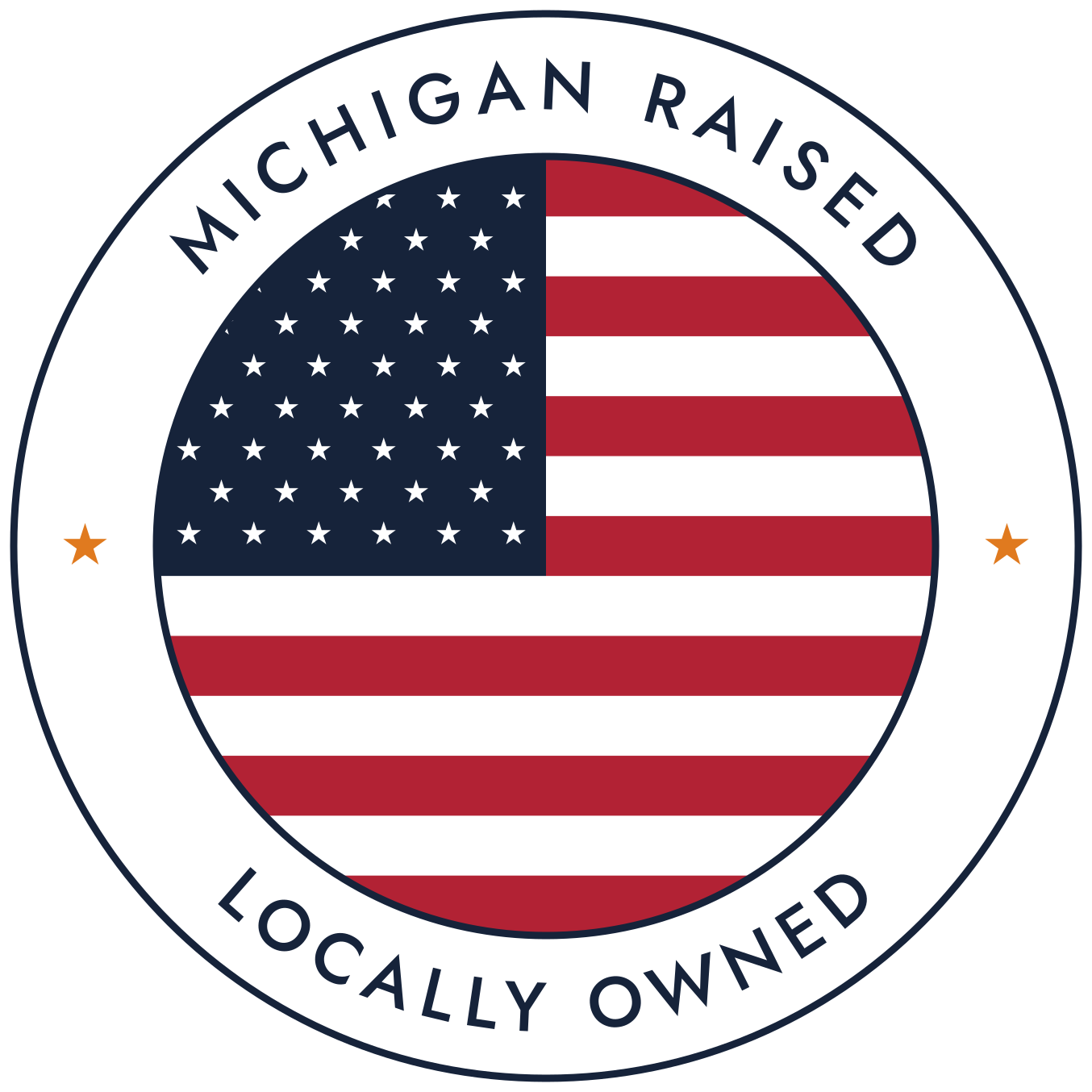 A circular logo with a black background and a border that reads "Michigan Raised Locally Owned." Inside the circle is an American flag with the stars on the left and stripes on the right.