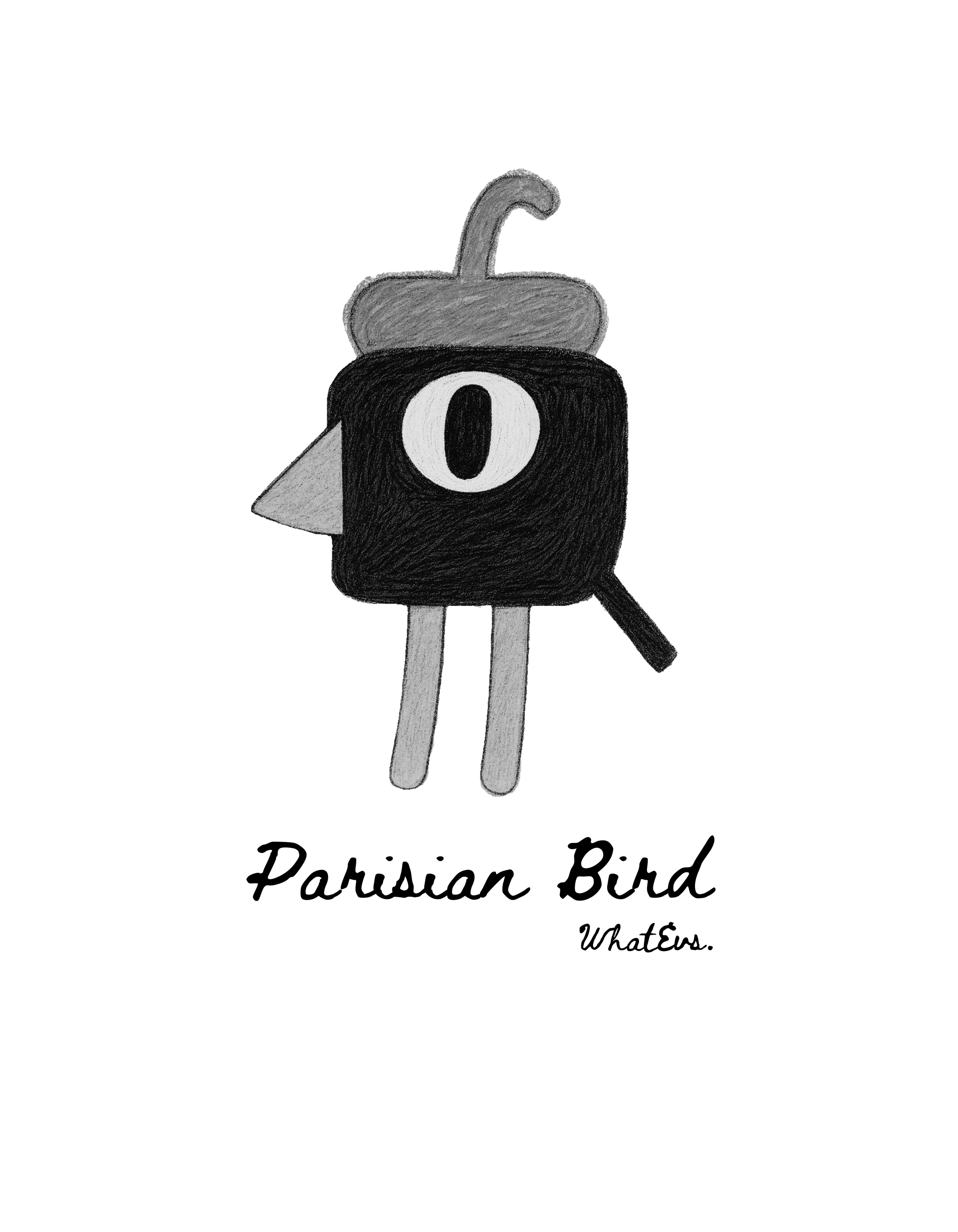 A drawing of a bird-like figure with a cherry on its head, a large eye on its body, and legs, resembling a combination of a bird and a robot.