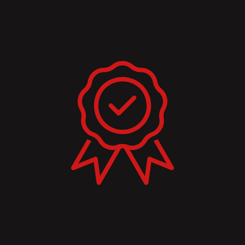 Red award ribbon with a checkmark inside a circle on a black background.