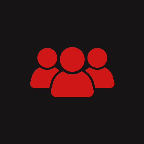 Icon of three red human figures representing a group or team on a black background.