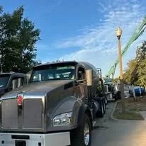 A black semi-truck parked on a side street with trees and street lamps in the background during the daytime.