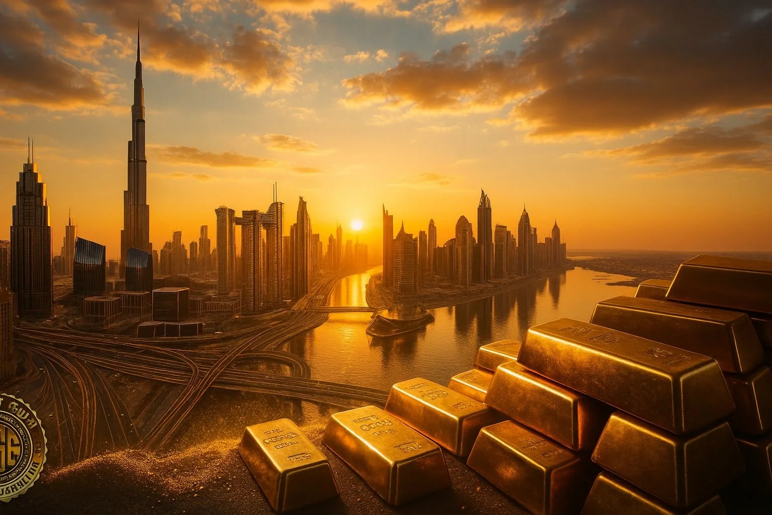 A view of Dubai skyline at sunset with tall skyscrapers and the Dubai Creek. Gold bars are superimposed in the foreground.