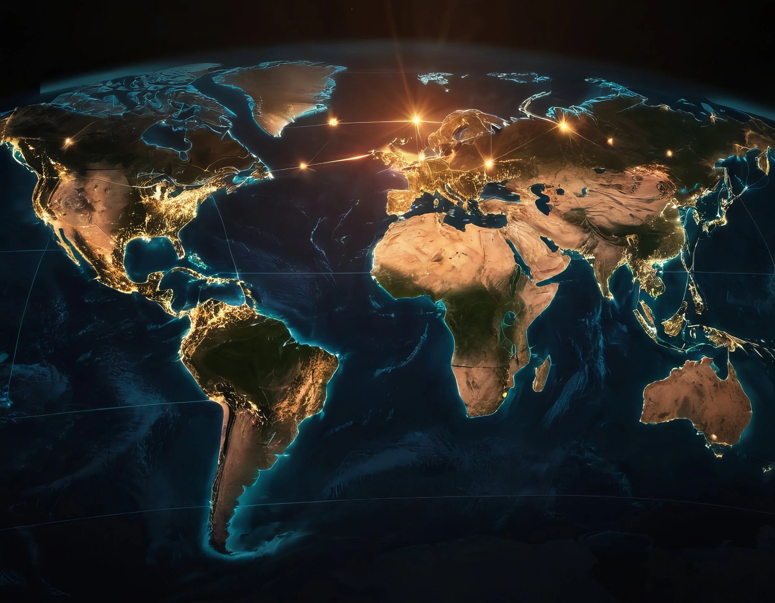 Nighttime satellite view of the world map with illuminated outlines of countries and connecting lines indicating global communication.