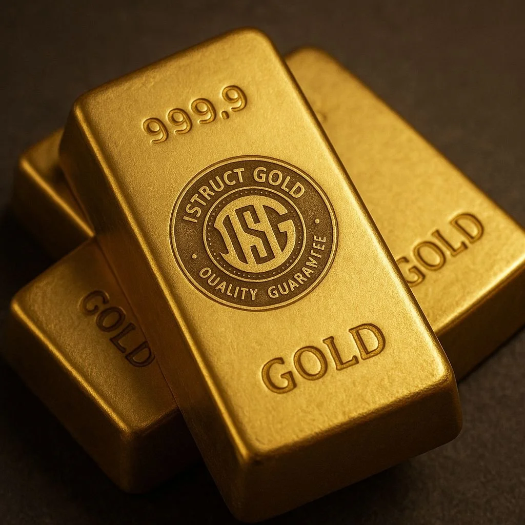 Three gold bars stacked together, with markings '999.9', 'GOLD', and a circular logo reading 'Construct Gold Quality Guarantee'.