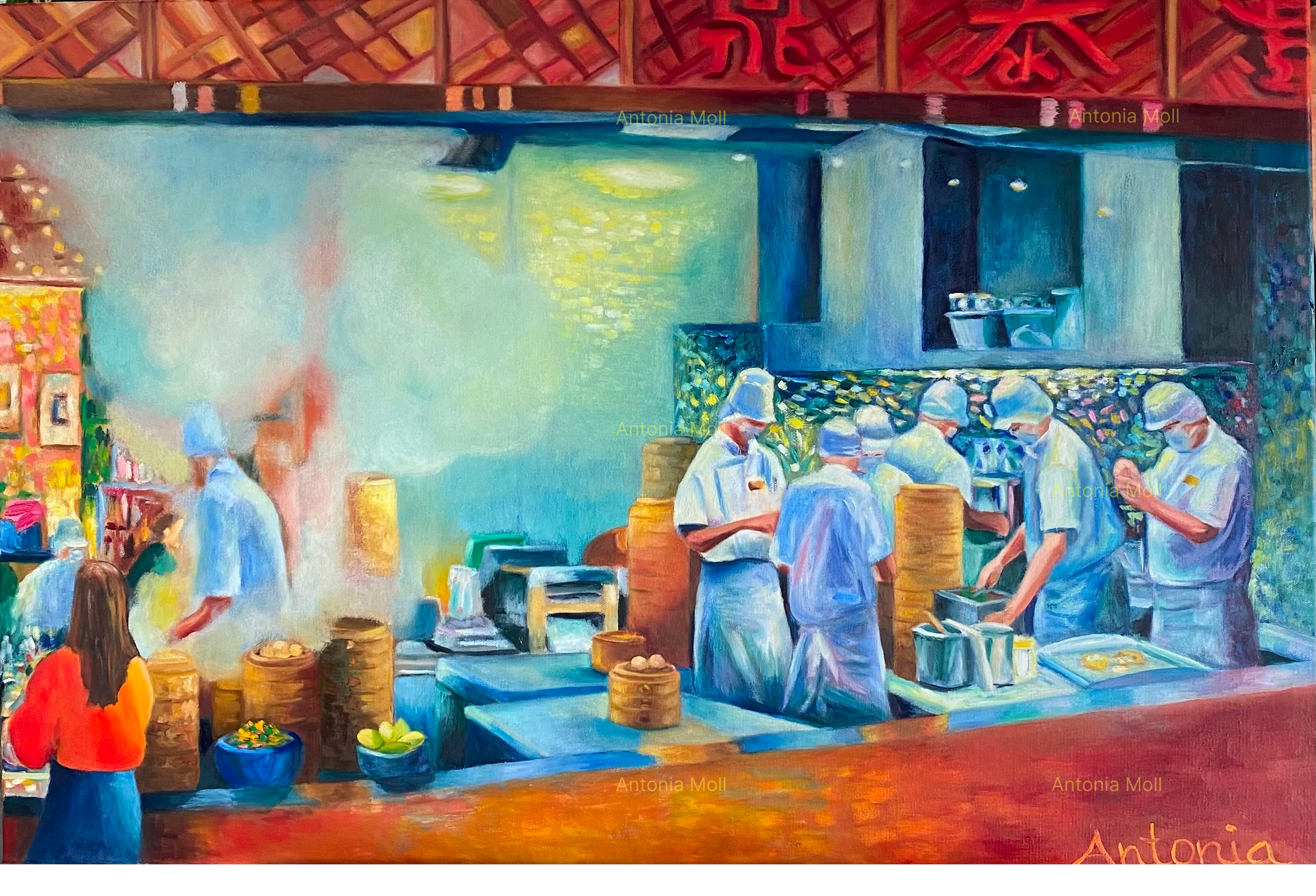 Painting of a busy kitchen with chefs preparing food, a woman watching, and various kitchen items like stacks of buns and bowls.