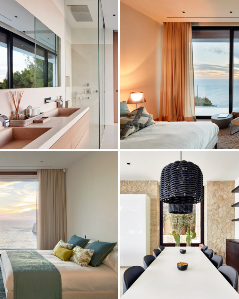 Collage of four interior views: a bathroom with double sinks and a shower, a bedroom with a large window showing the ocean at sunset, another bedroom with a bed and sea view, and a dining room with a white table, black chairs, and a large black wicker pendant light.