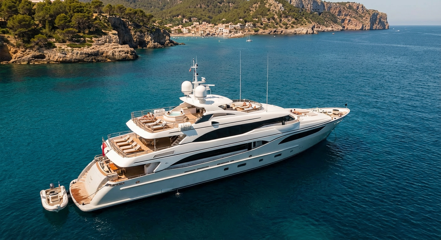 Large white luxury yacht anchored in clear blue water near a rocky coastline with a small town in the background.