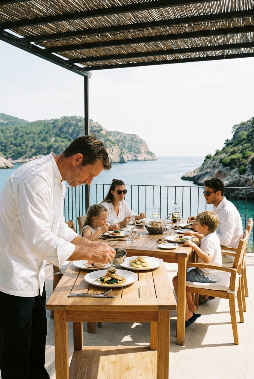Family dining outdoors overlooking a scenic ocean view with rocky cliffs, with a chef serving food at a wooden table.