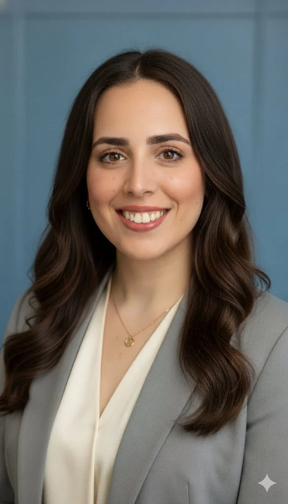 A woman with long dark hair and a light gray blazer smiling in front of a blue background.