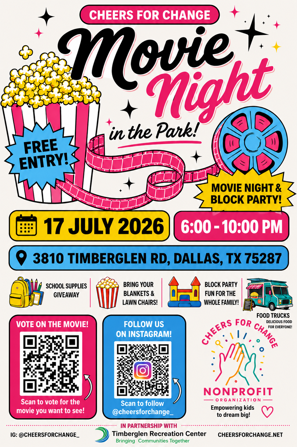 Flyer for 'Cheers for Change' movie night in the park featuring popcorn, film reel, and film strip graphics. Event details include date, time, location, free entry, and activities such as school supplies giveaway, bring blankets, block party, food trucks, voting for movies, and following on Instagram.