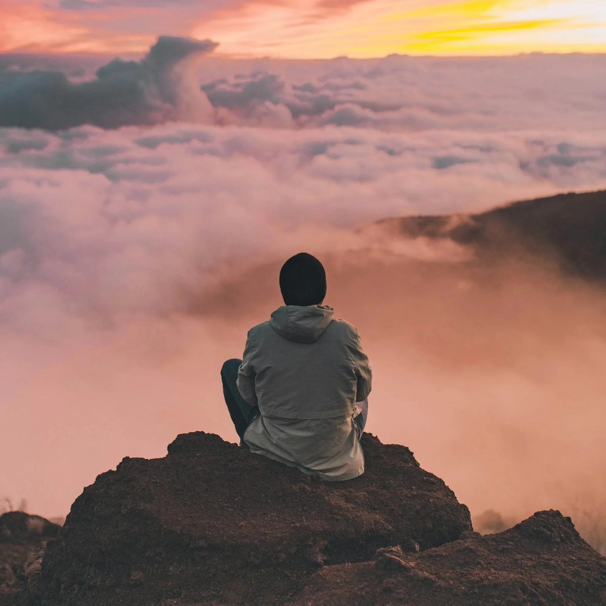 Person sitting on top of a mountain meditating on their life.
