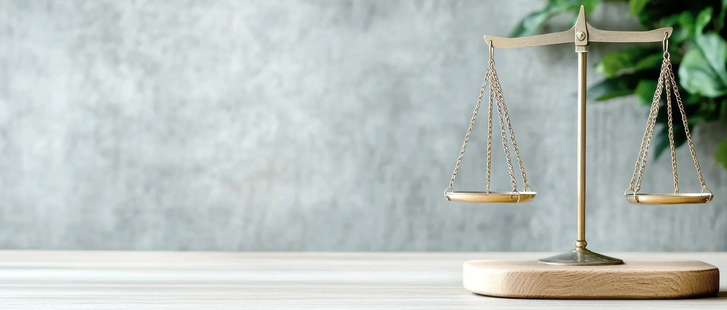 Close-up of a brass balance scale on a wooden base with greenery in the background.