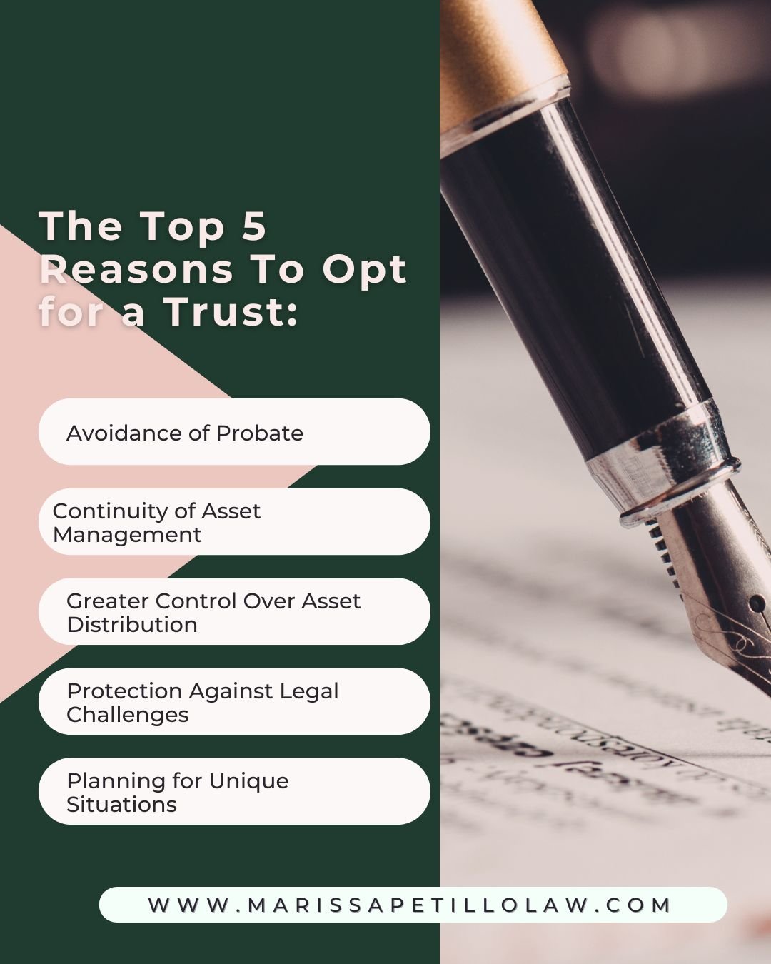 Choosing a trust over a will can offer several advantages depending on individual circumstances and goals. Here are five reasons why someone might opt for a trust instead of a will:

1. Avoidance of Probate: Unlike a will, a trust typically allows th
