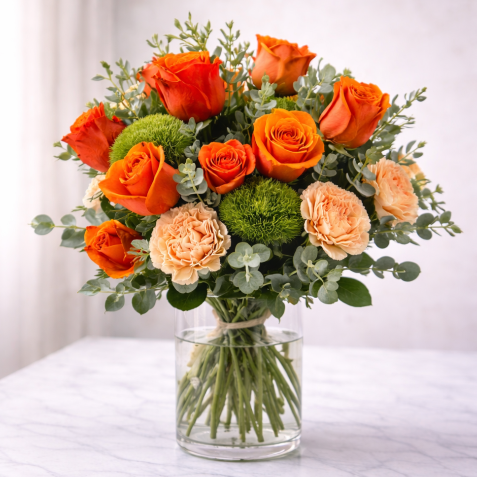 Orange Rose & Greenery Arrangement