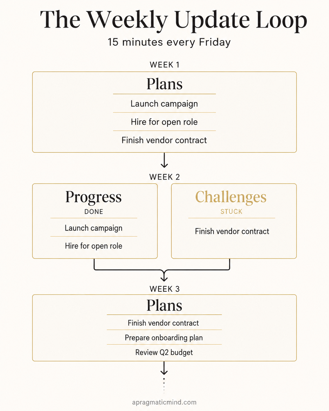 Infographic showing the weekly PPP update loop: Plans become Progress or Challenges, then feed into next week's plans.