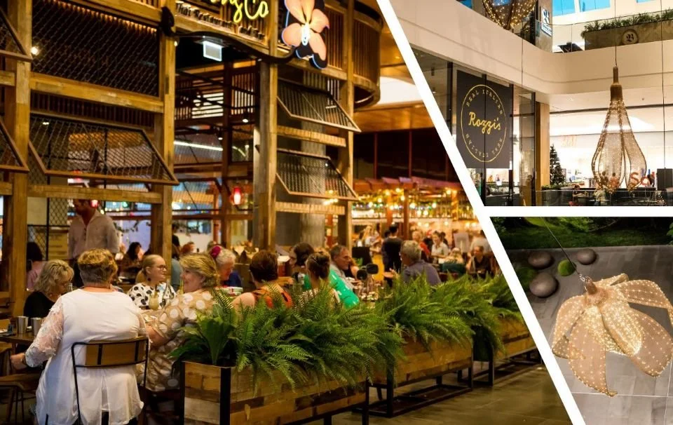 A collage of three images featuring a busy restaurant interior with people dining, an upscale shopping mall with jewelry displays, and a close-up of a decorative butterfly ornament.