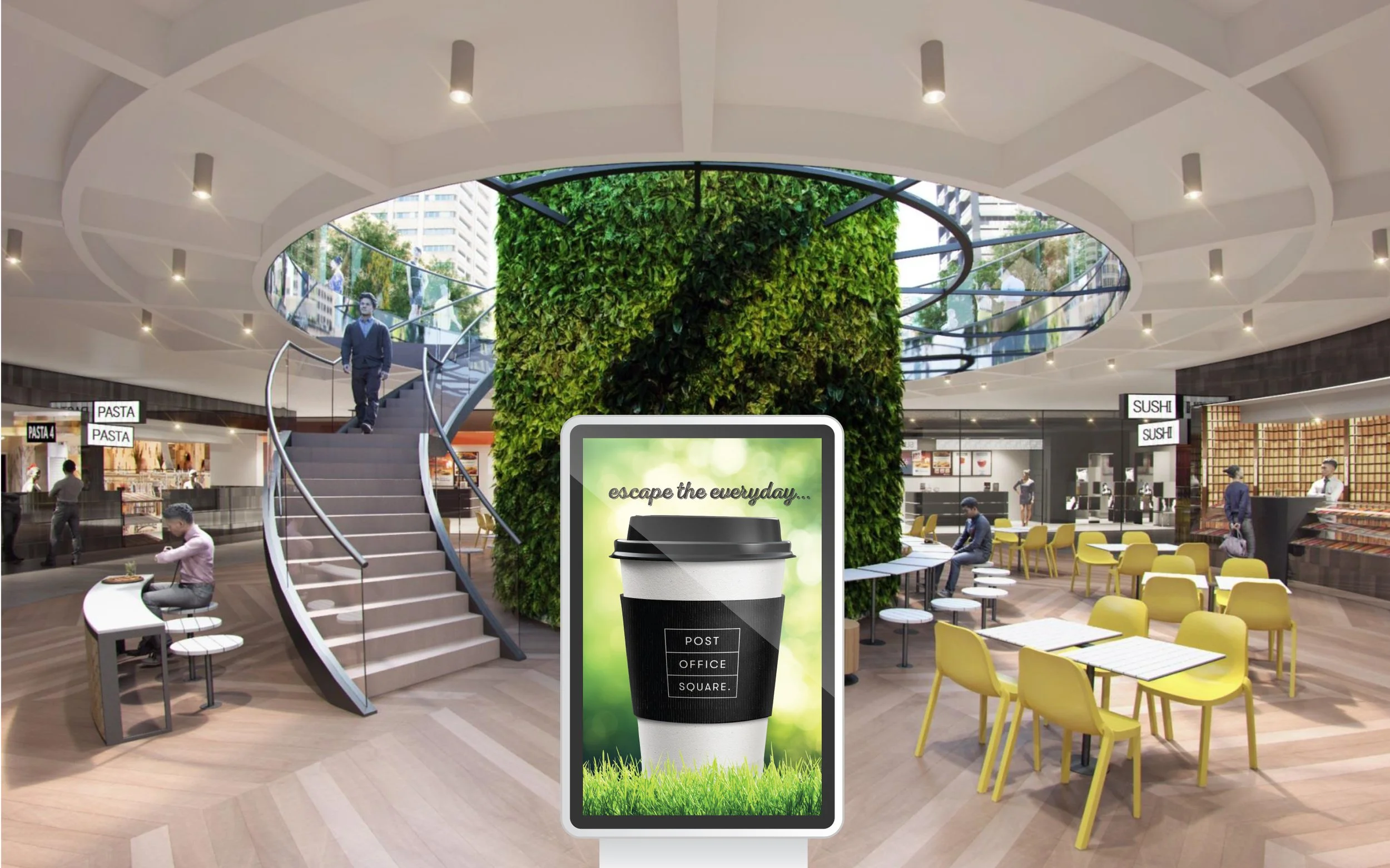 Interior of a modern shopping mall with a large green vertical garden, a staircase, and seating areas. A digital signboard displays a coffee cup with the slogan "escape the everyday..."