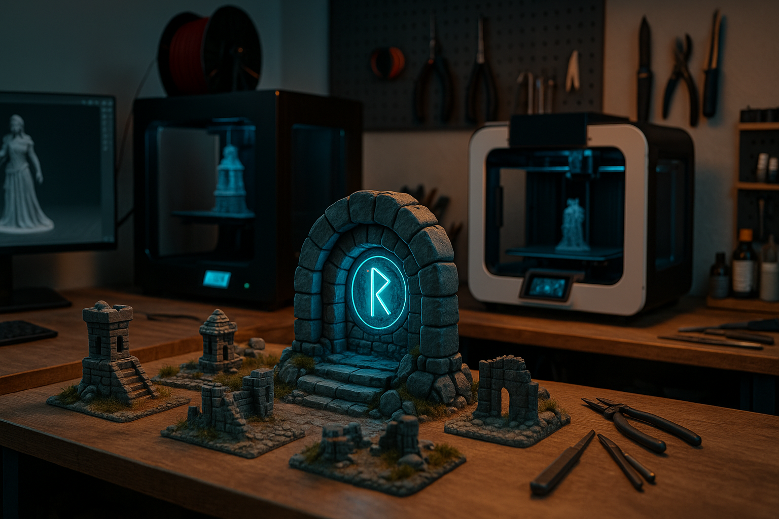Table with miniature castle ruins and a stone archway with a neon blue 'R' symbol, tools and 3D printers in the background, indicating a miniature modeling workspace.