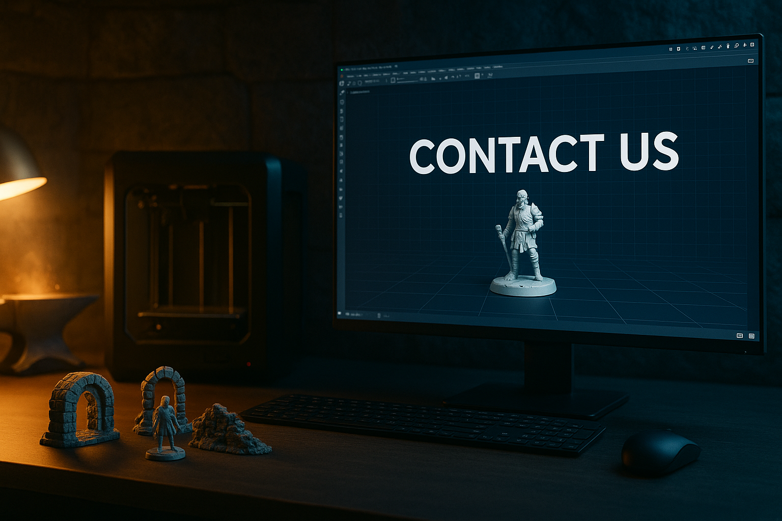 Computer monitor displays 'Contact Us' webpage with 3D miniature figurines of warriors and archways on desk.