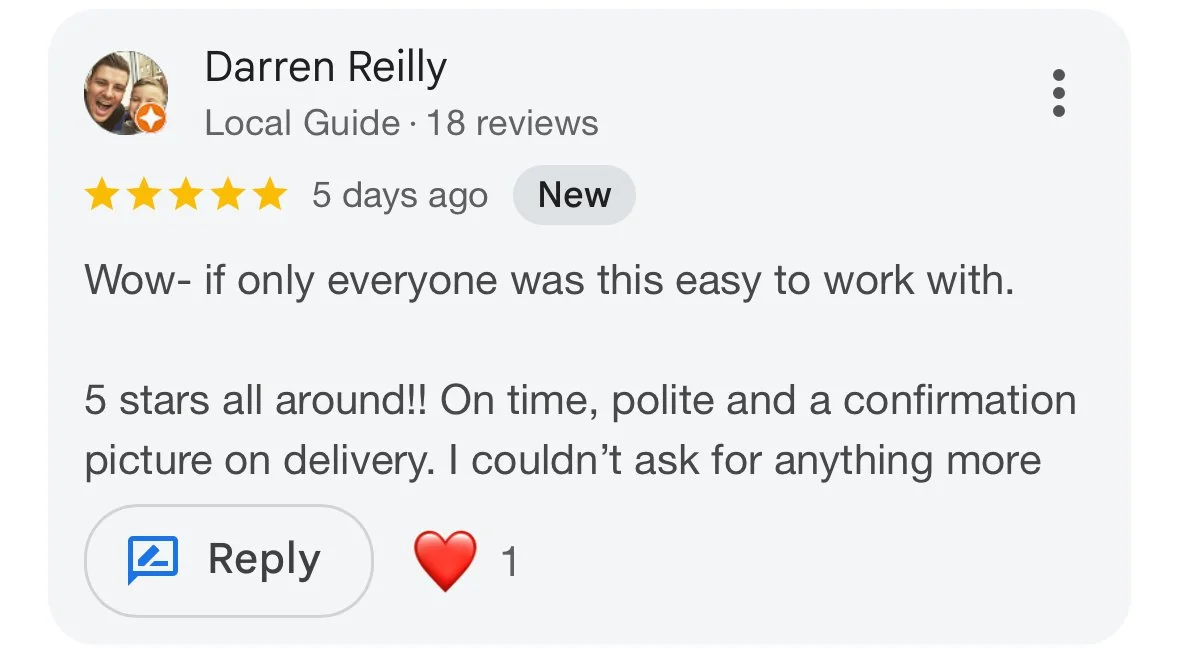 Customer review for a local guide on a white background, showing a profile picture of a smiling man and woman, five star ratings, five days ago, labeled as 'New', with review text praising ease of work, punctuality, politeness, and confirmation photo on delivery.