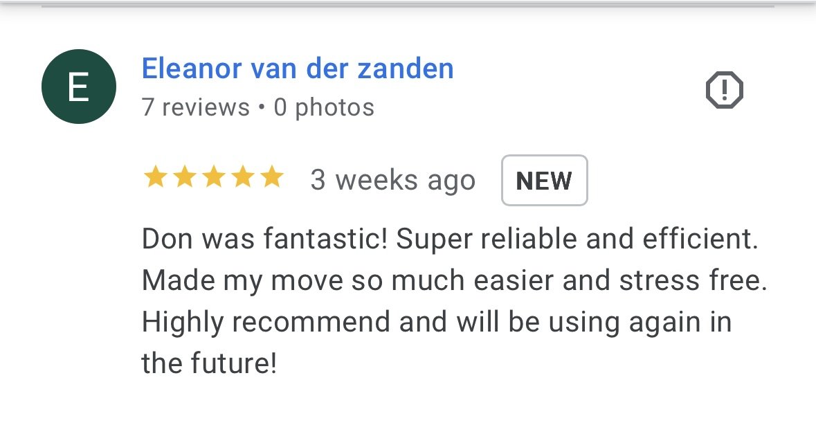 Screenshot of an online review for Eleanor van der zanden. The reviewer gave five stars and praised the service, mentioning it was reliable, efficient, and made moving easier and less stressful.
