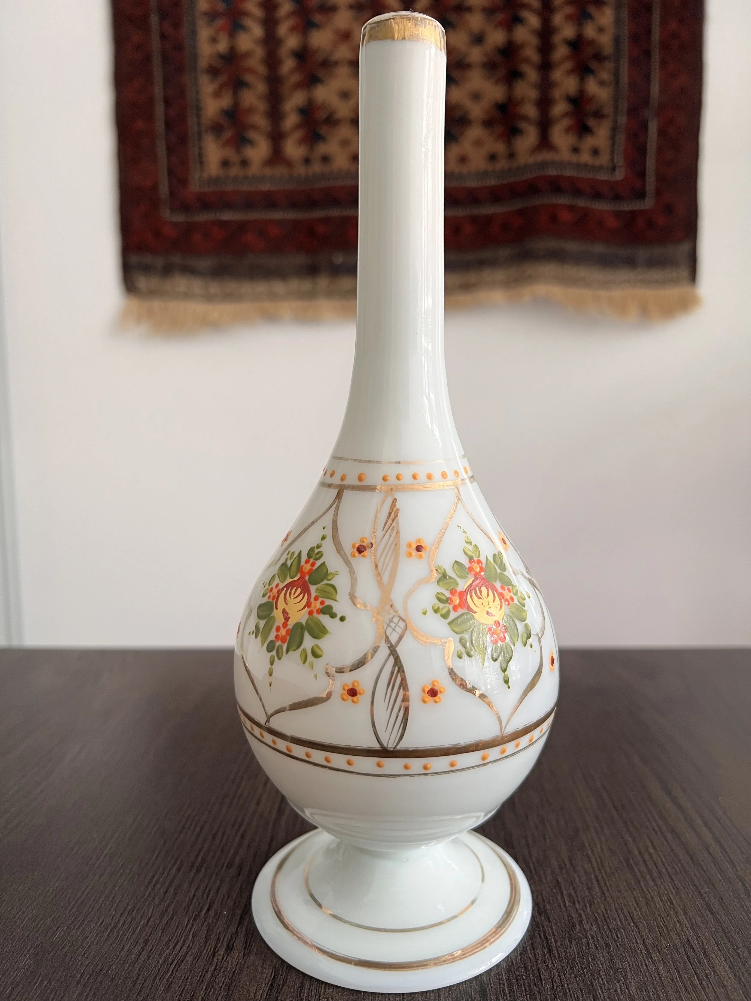 19th-century Beykoz opaline glass gülabdan in apple-green glass with hand-painted floral decoration and traces of gilt crescent and star