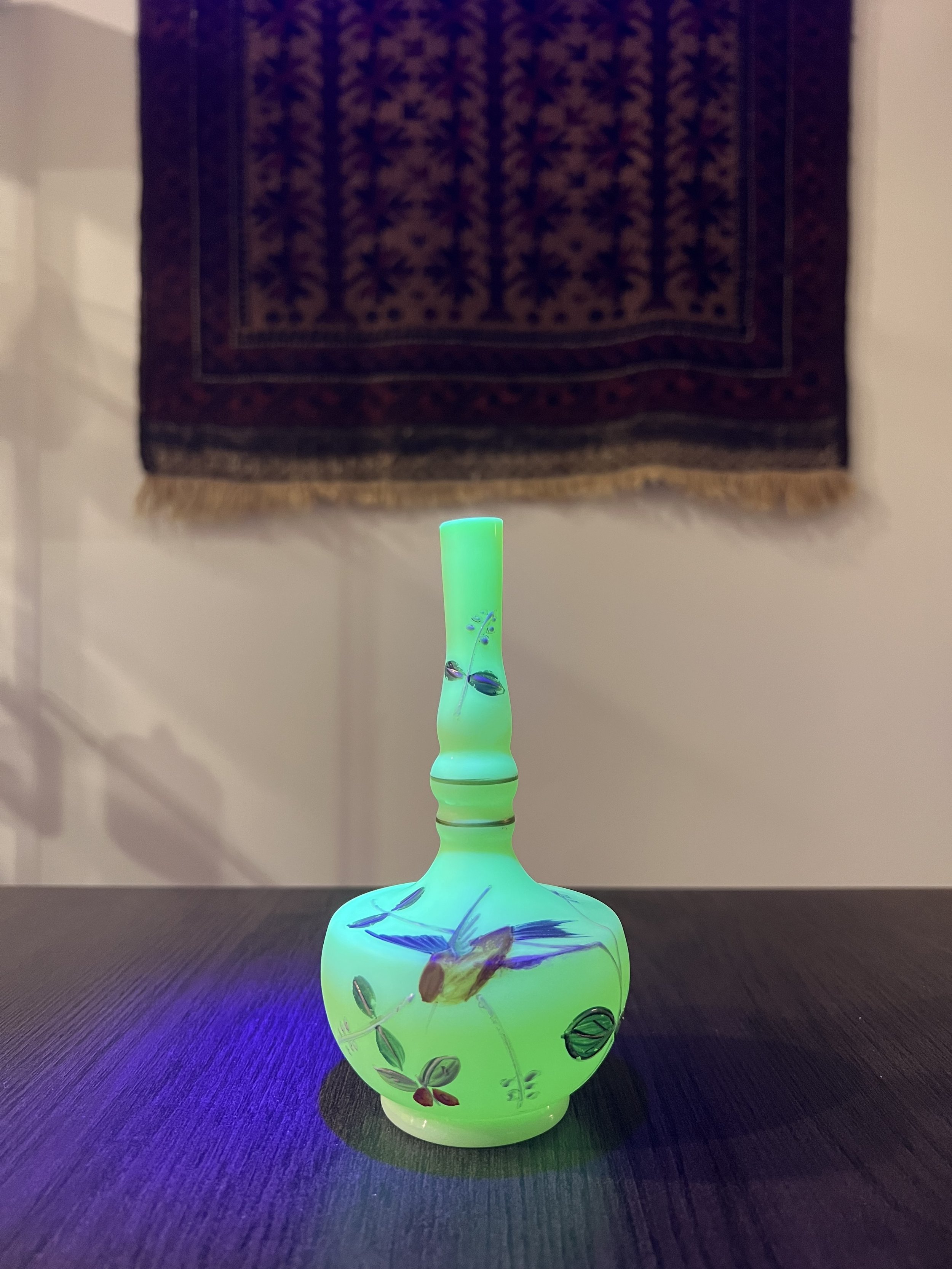 Rare late 19th century uranium opaline glass une-fleur soliflore vase with hand-painted botanical decoration