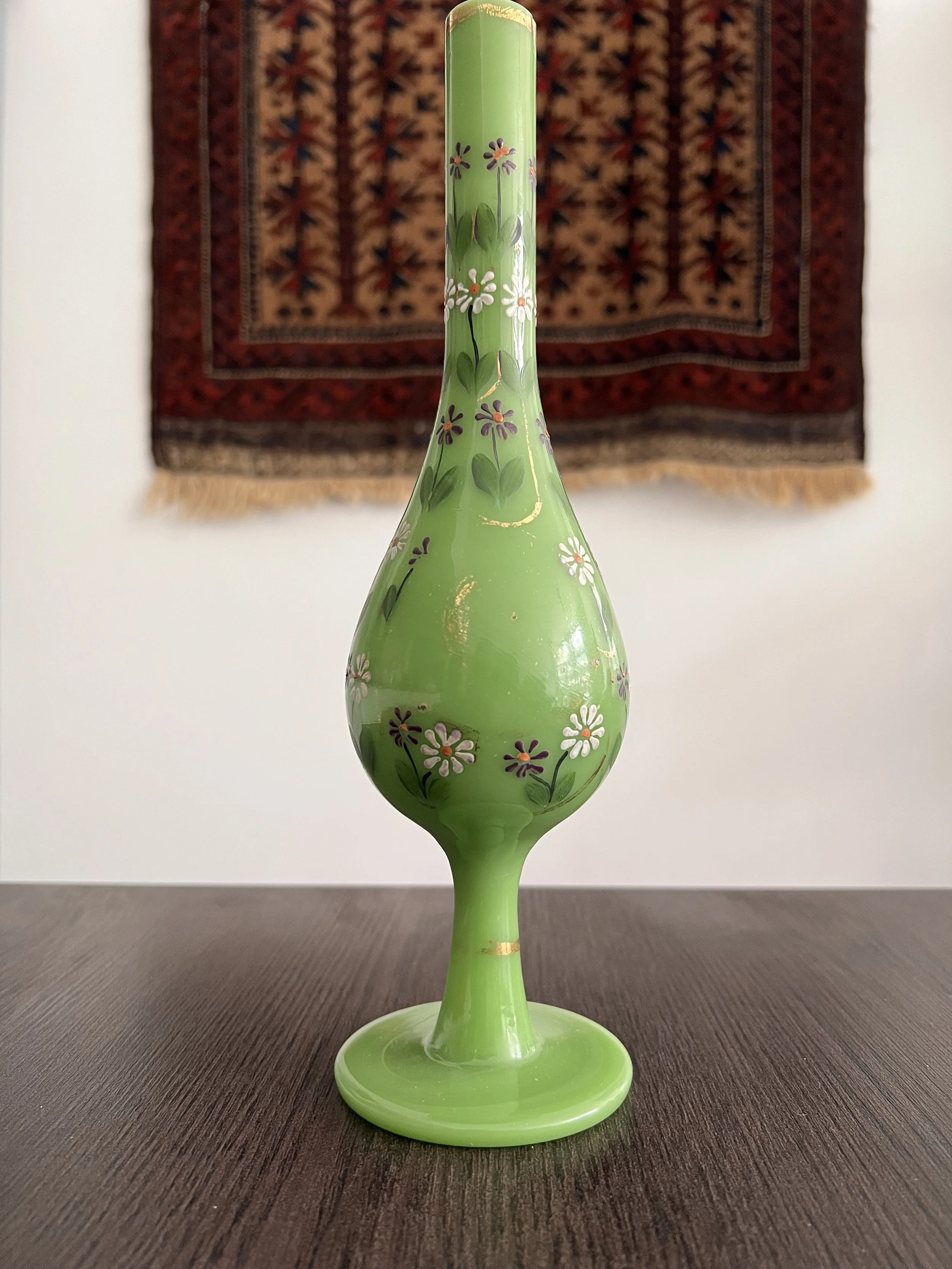 19th-century Beykoz opaline glass gülabdan in apple-green glass with hand-painted floral decoration and traces of gilt crescent and star