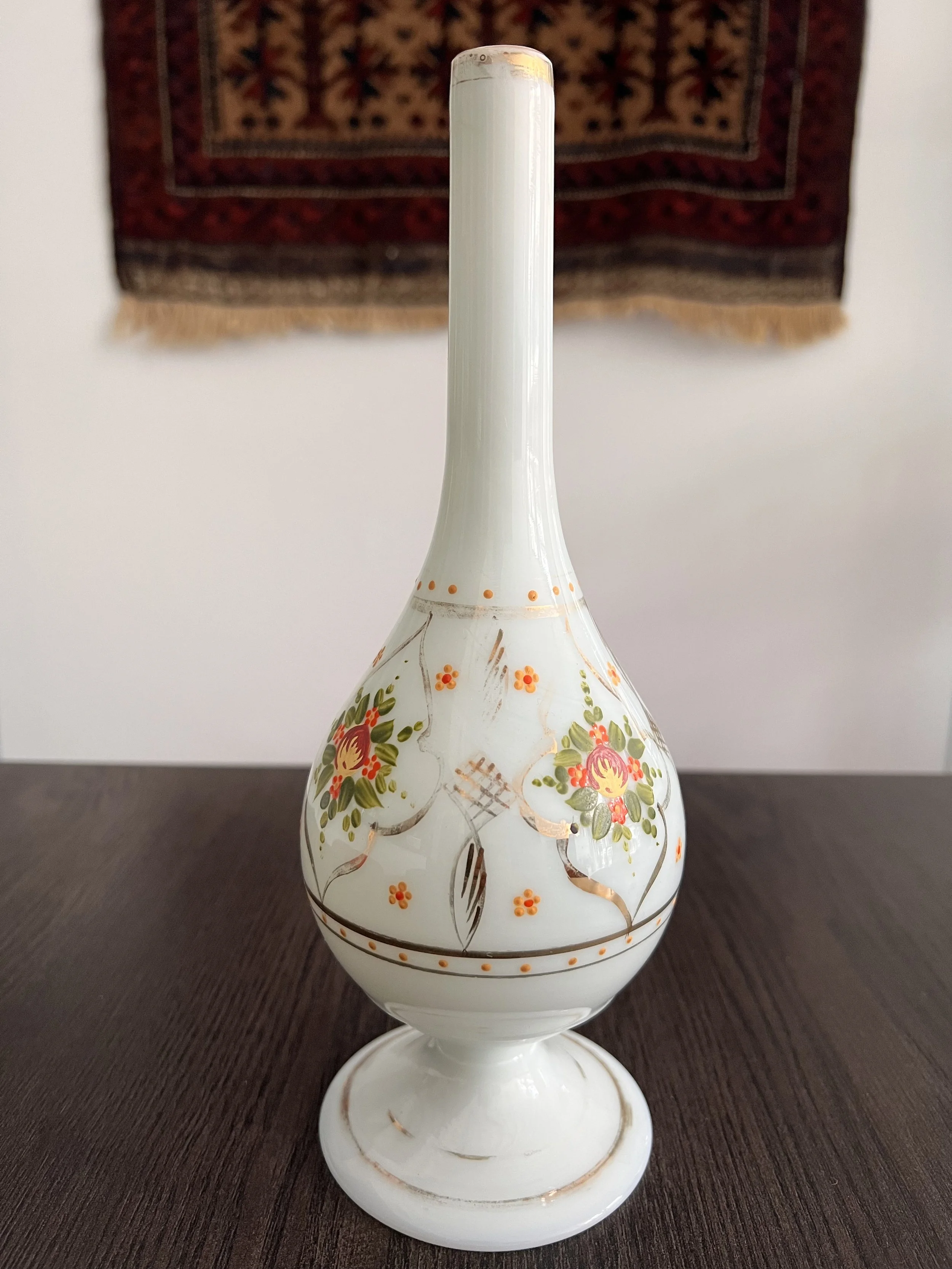 19th-century Beykoz opaline glass gülabdan in apple-green glass with hand-painted floral decoration and traces of gilt crescent and star