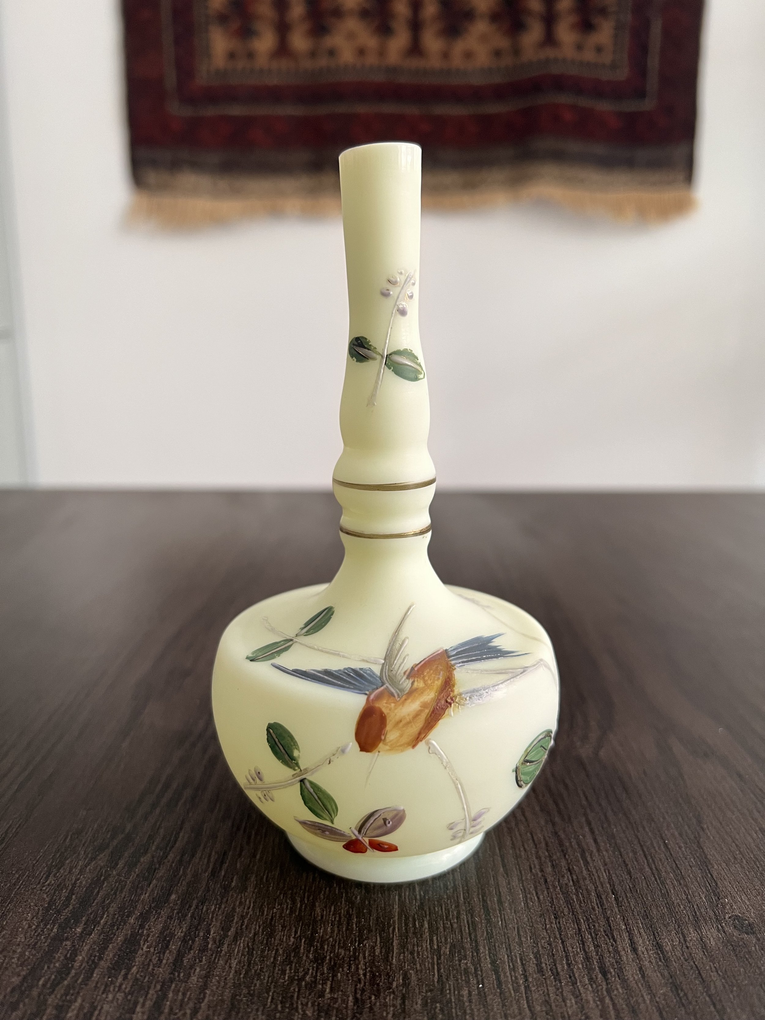 Rare late 19th century uranium opaline glass une-fleur soliflore vase with hand-painted botanical decoration