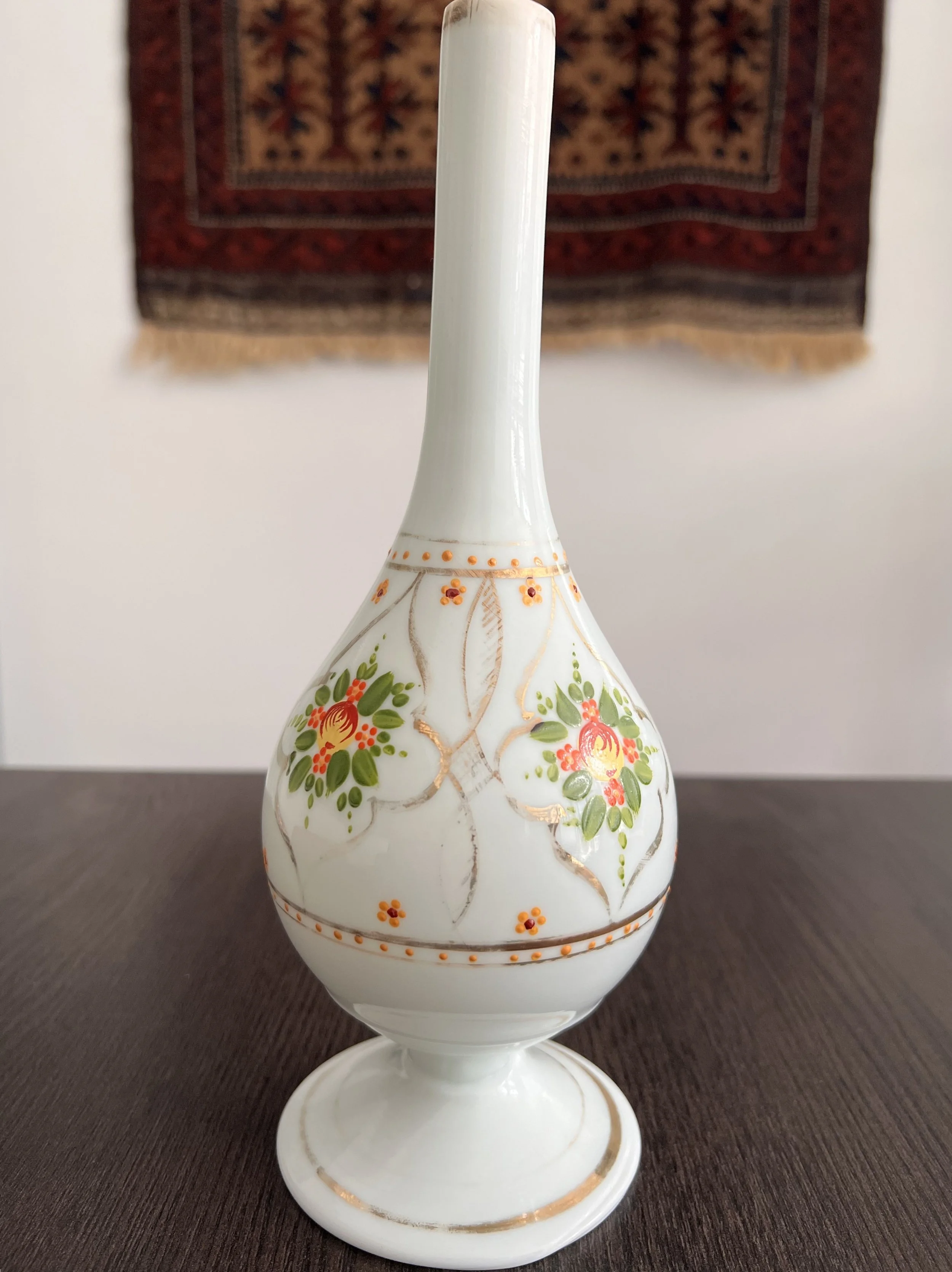 19th-century Beykoz opaline glass gülabdan in apple-green glass with hand-painted floral decoration and traces of gilt crescent and star