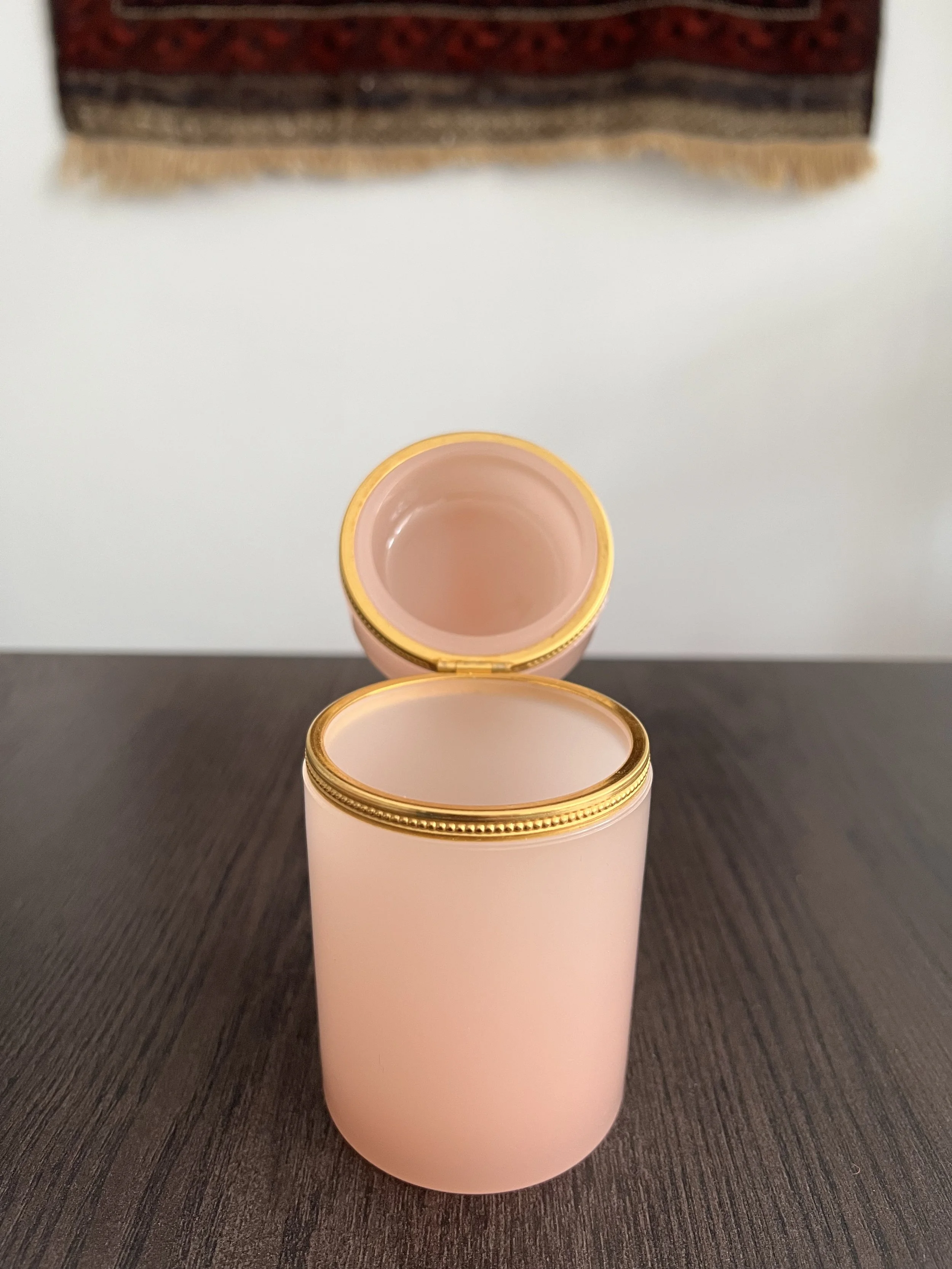 Vintage V. Nason & C. pink opaline glass cylindrical lidded box from Murano Italy