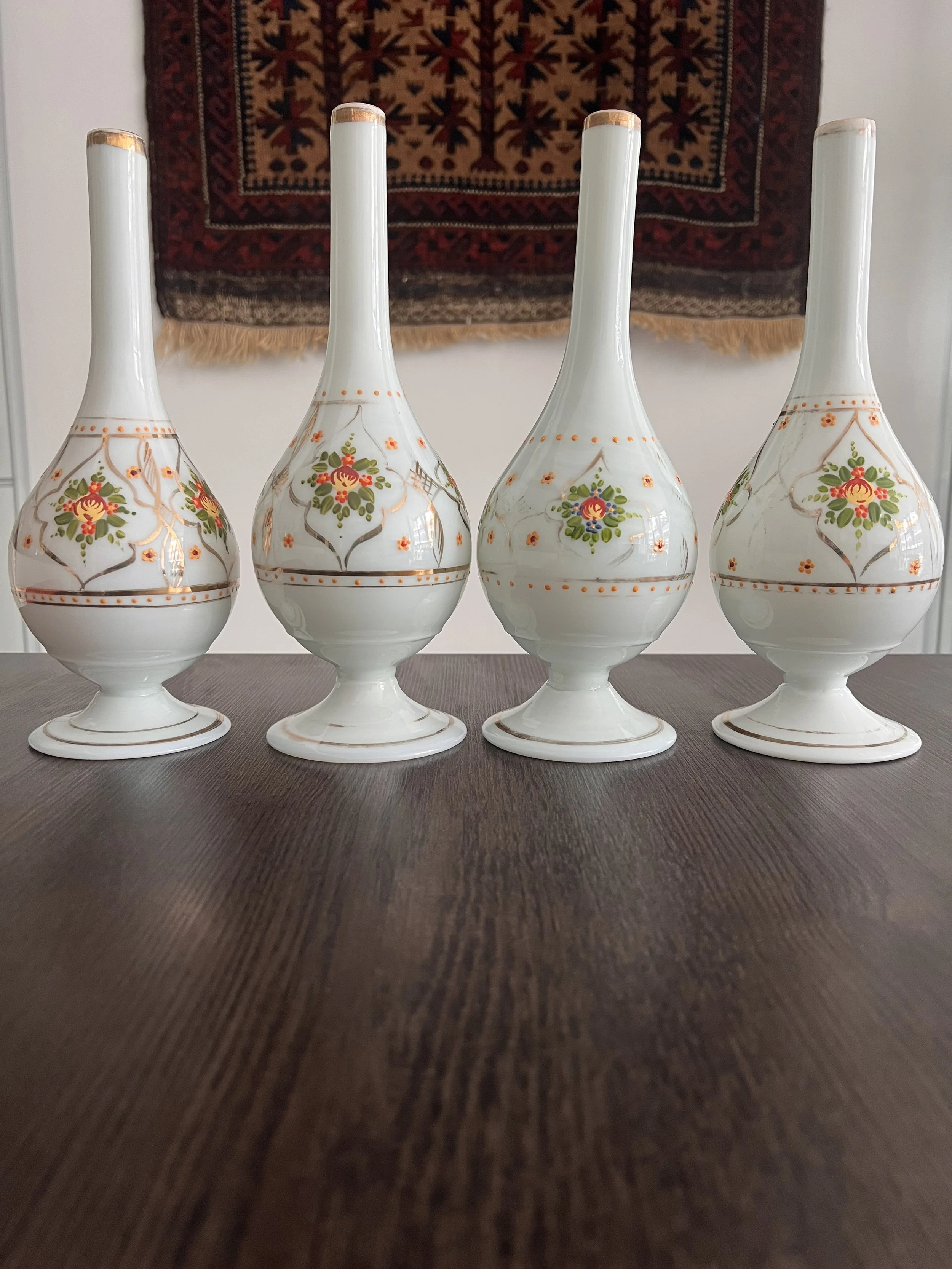 19th-century Beykoz opaline glass gülabdan in apple-green glass with hand-painted floral decoration and traces of gilt crescent and star