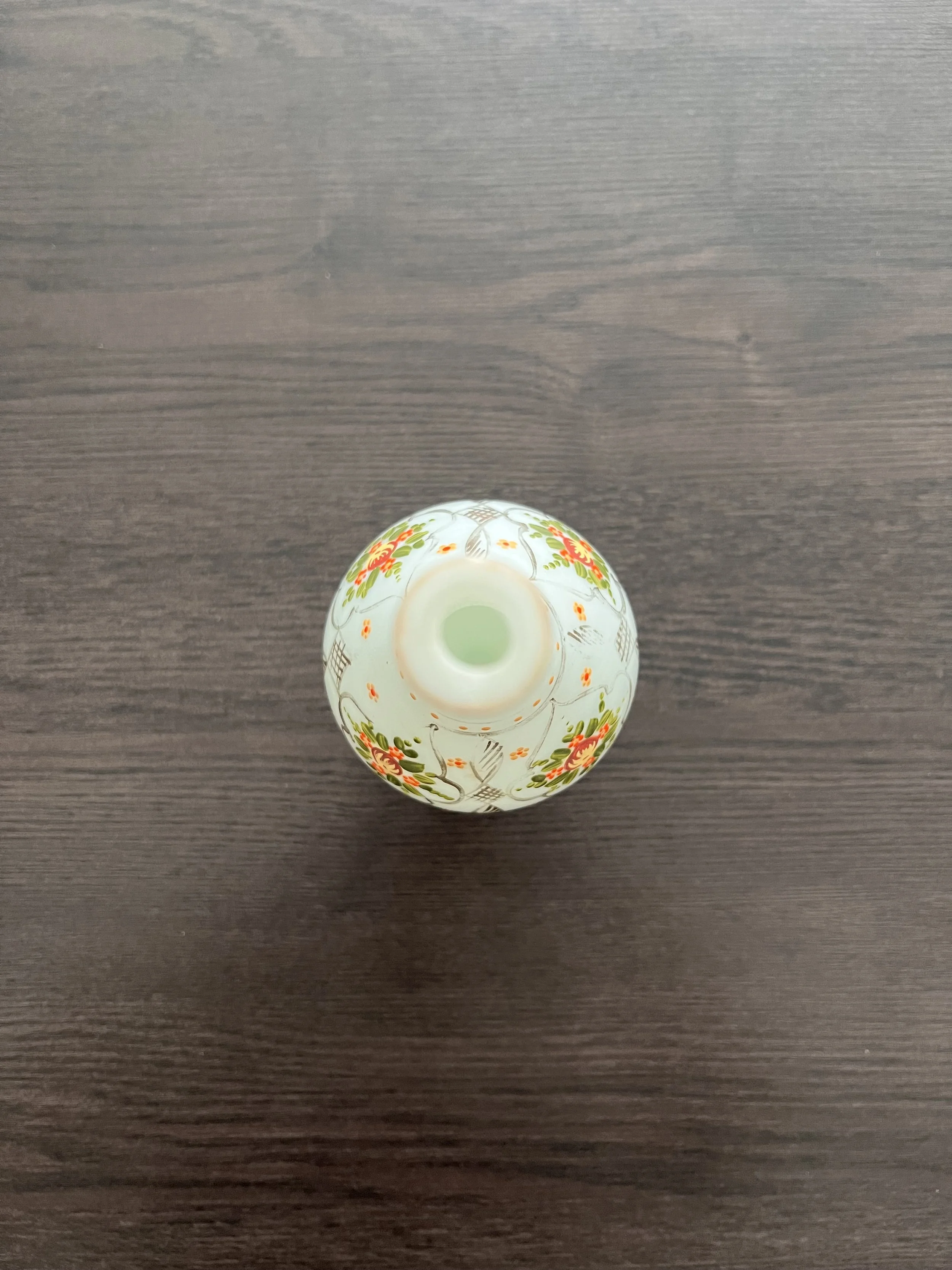 19th-century Beykoz opaline glass gülabdan in apple-green glass with hand-painted floral decoration and traces of gilt crescent and star