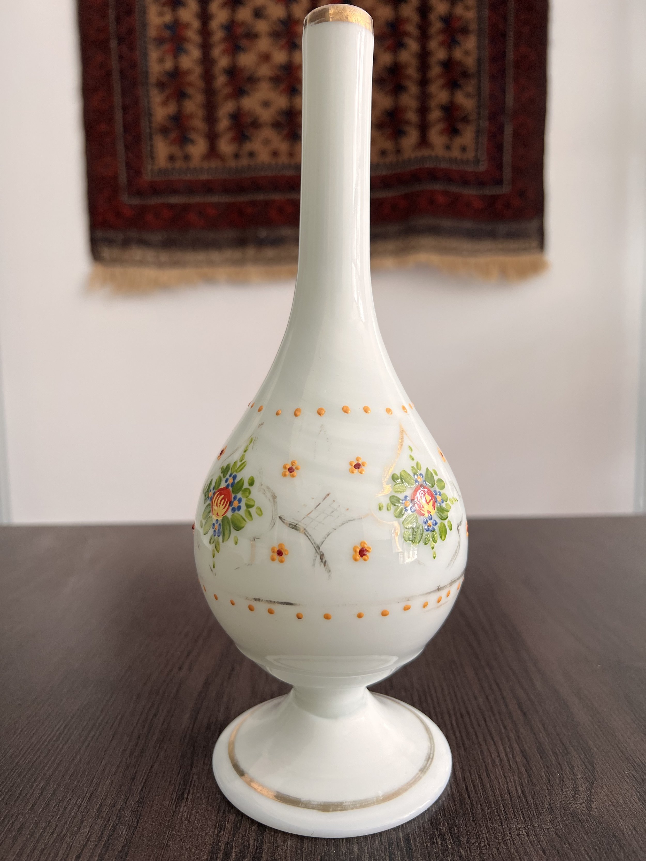 19th-century Beykoz opaline glass gülabdan in apple-green glass with hand-painted floral decoration and traces of gilt crescent and star