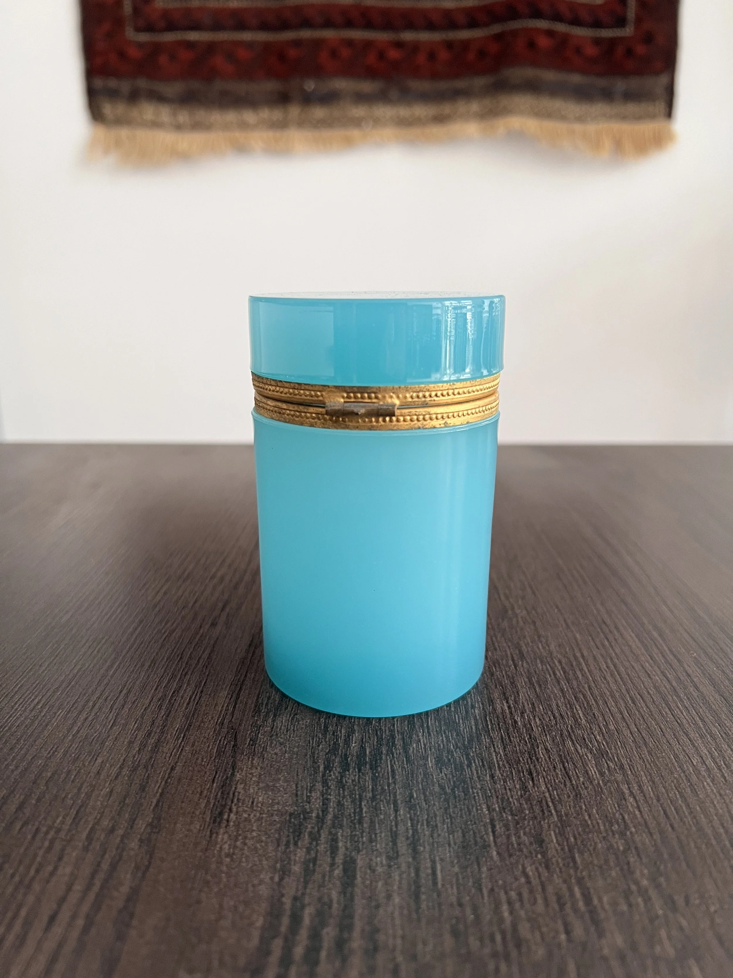 Vintage V. Nason & C. Turquoise blue opaline glass cylindrical lidded box from Murano Italy