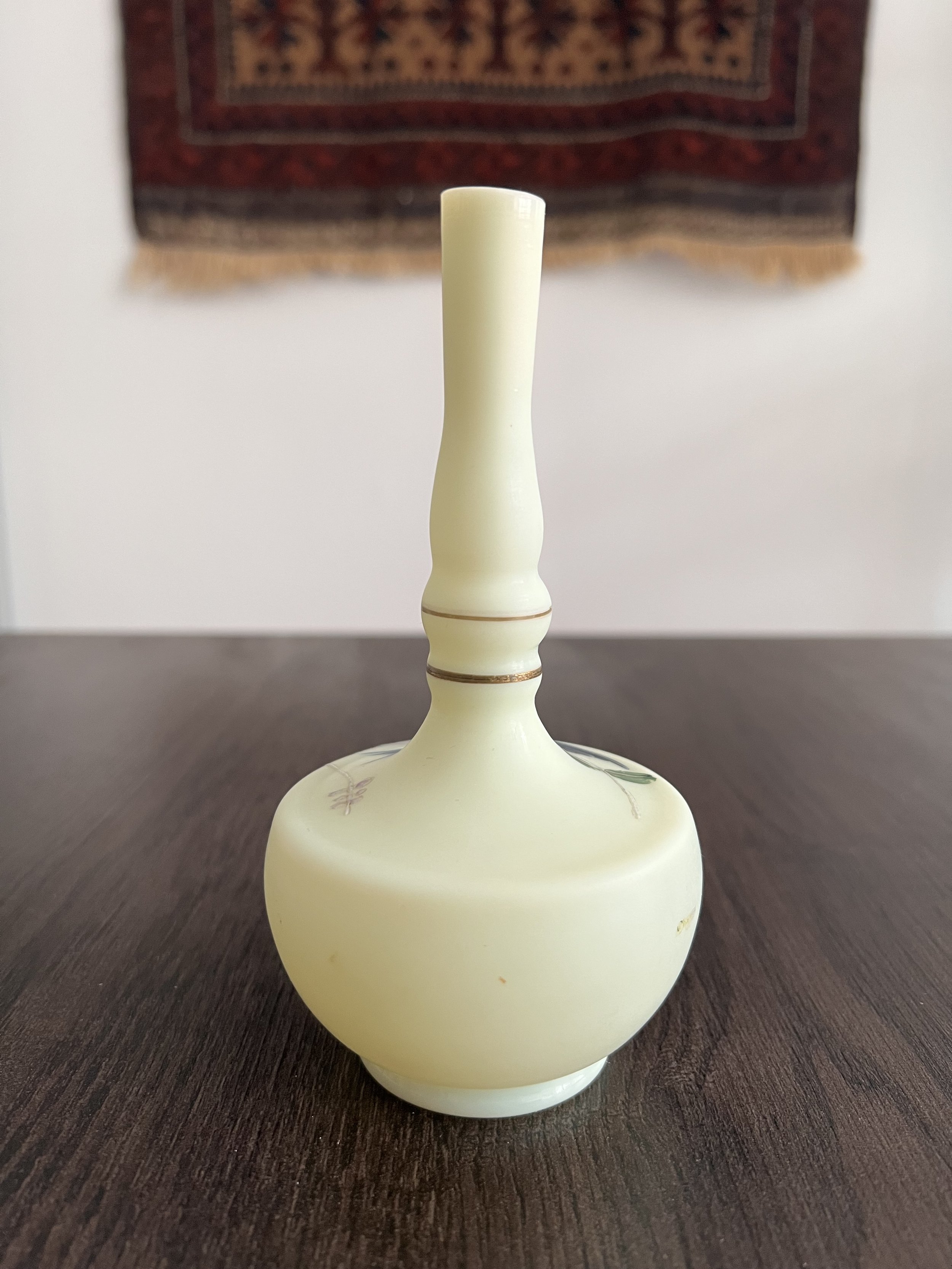 Rare late 19th century uranium opaline glass une-fleur soliflore vase with hand-painted botanical decoration