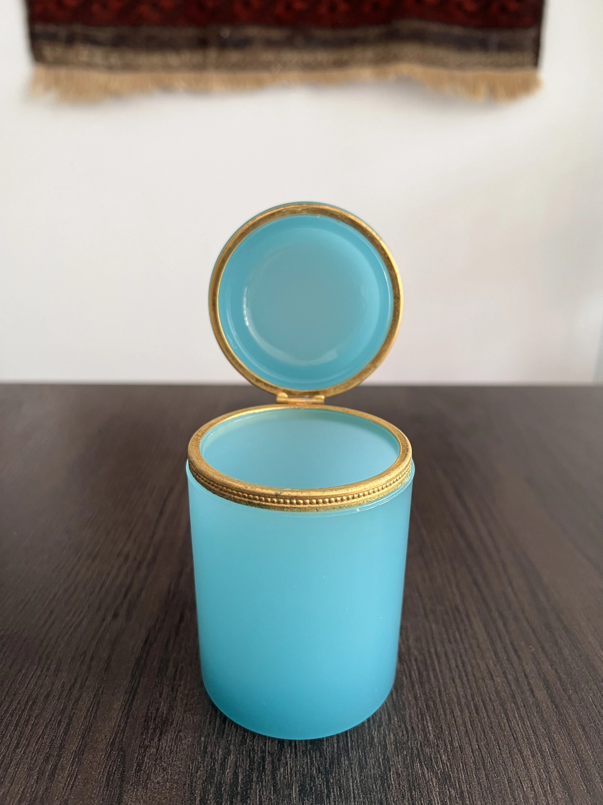 Vintage V. Nason & C. Turquoise blue opaline glass cylindrical lidded box from Murano Italy