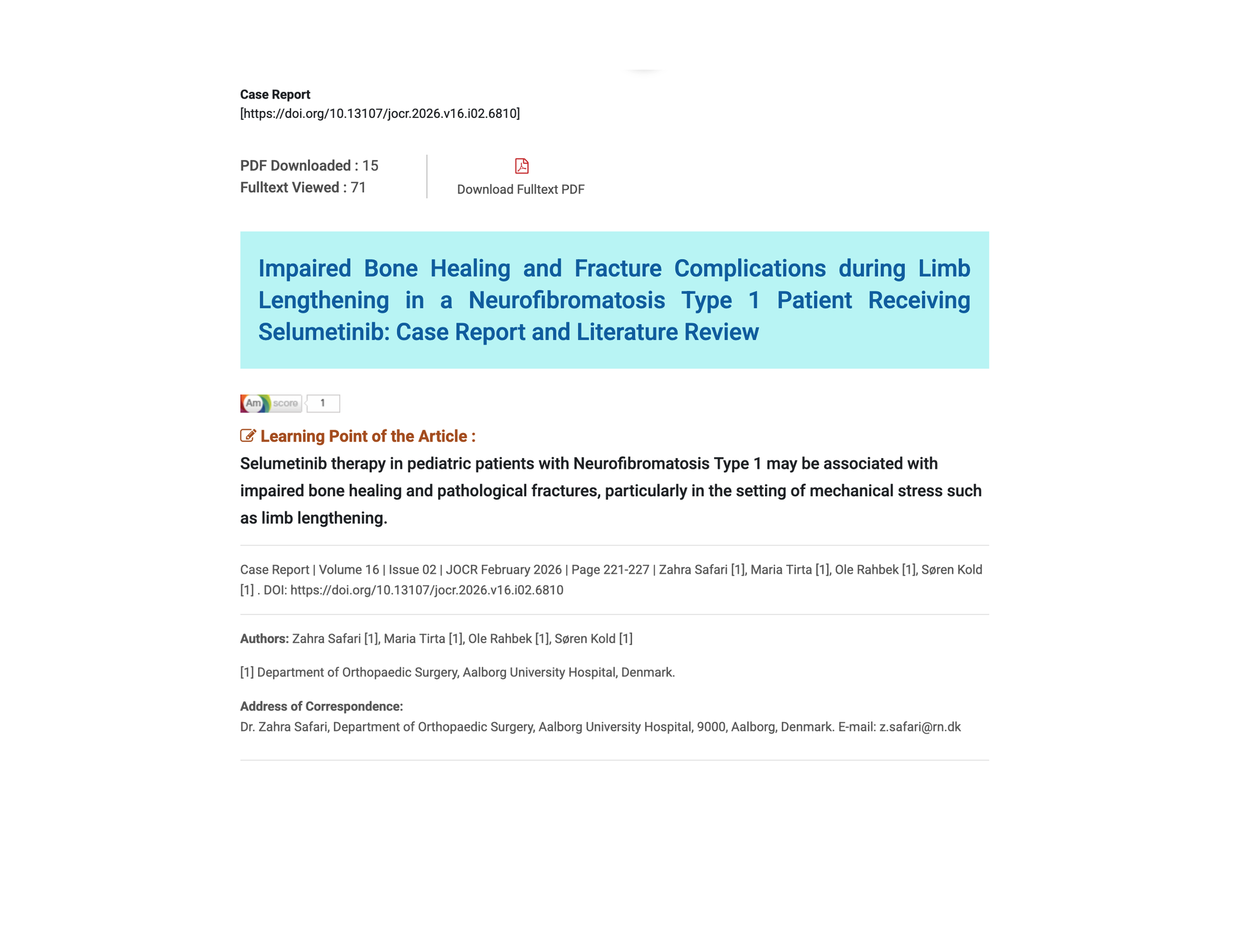 New Publication in Journal of Orthopedic Case Reports