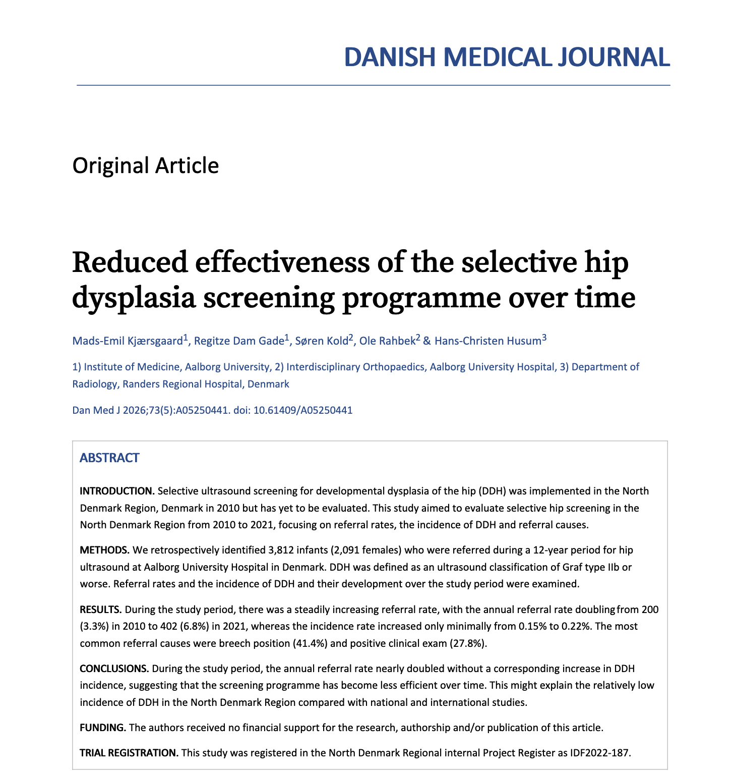New Publication on DDH screening in Denmark