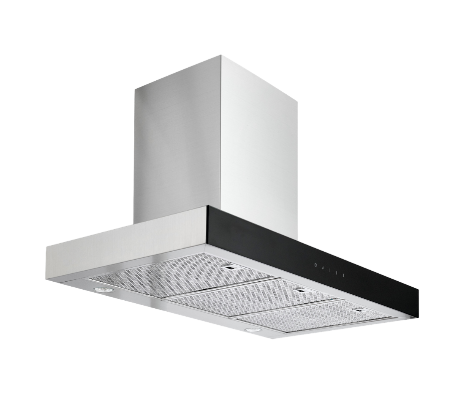 A modern stainless steel kitchen range hood with a black glass control panel.